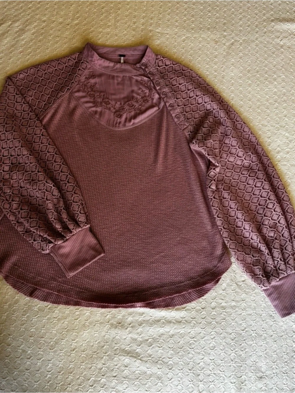 Free people Pink Lace Sleeve Sweater Top Embroidery